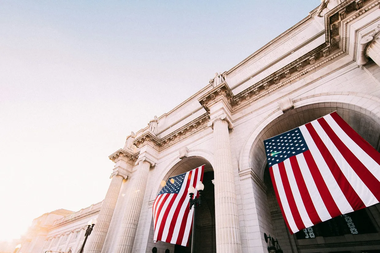 US flag and building