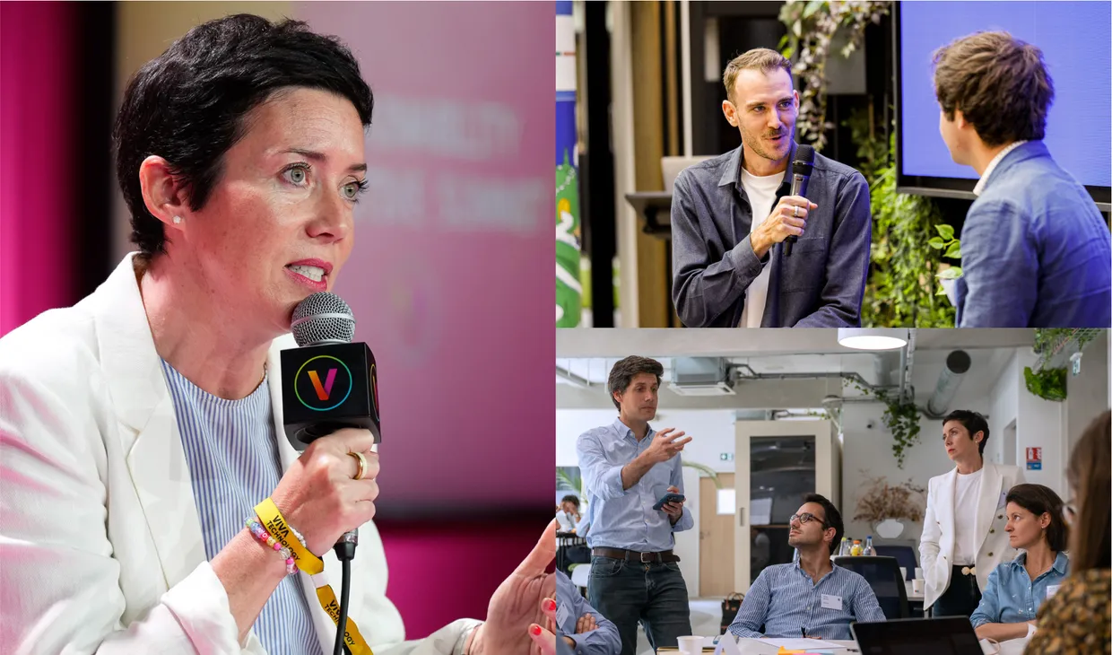 Collage of three business meeting photos showing professionals in discussion and presentation settings