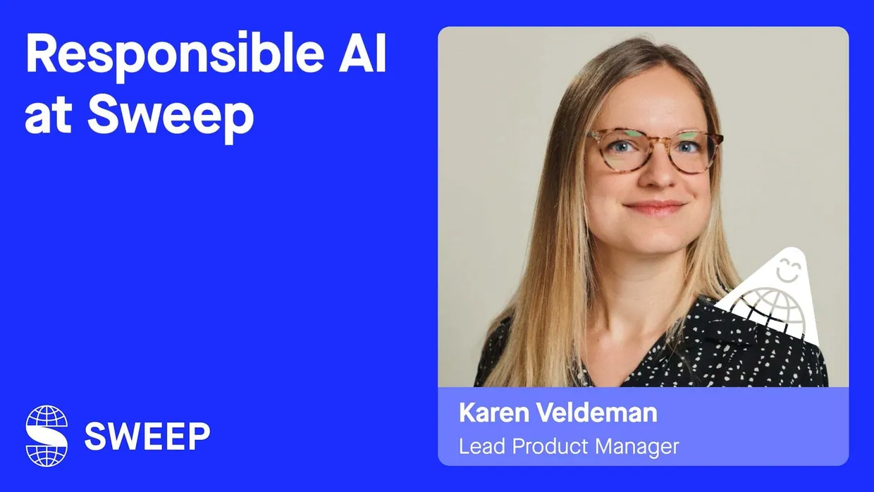 Karen Veldeman, Lead Product Manager, alongside text "Responsible AI at Sweep" on blue background