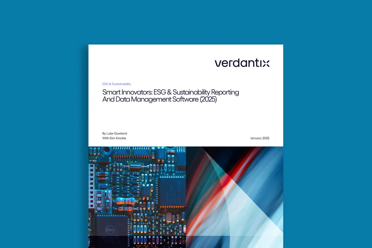 Verdantix report cover titled "Smart Innovators ESG & Sustainability Reporting And Data Management Software (2025)" by Luca Sturlese, November 2024